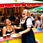 ** A vibrant, colorful scene at a summer festival in Germany. People are laughing, enjoying food from stalls, listening to live music on a stage, and participating in games. The overall atmosphere is joyful and carefree, embodying a sense of community and leisure. Focus on capturing the energy and excitement of the event. Include elements like Bratwurst stands, Dirndl dresses, and a Biergarten in the background to represent German culture.

**