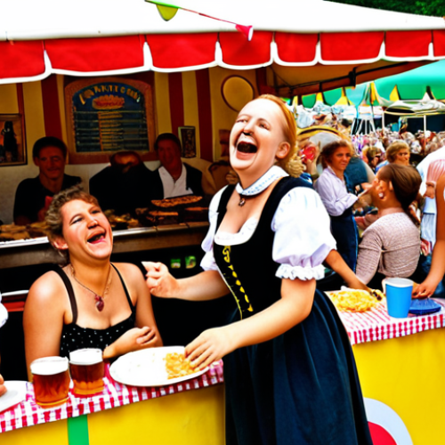 Home 4 ** A vibrant, colorful scene at a summer festival in Germany. People are laughing, enjoying food from stalls, listening to live music on a stage, and participating in games. The overall atmosphere is joyful and carefree, embodying a sense of community and leisure. Focus on capturing the energy and excitement of the event. Include elements like Bratwurst stands, Dirndl dresses, and a Biergarten in the background to represent German culture.
**