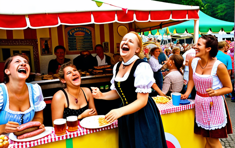 ** A vibrant, colorful scene at a summer festival in Germany. People are laughing, enjoying food from stalls, listening to live music on a stage, and participating in games. The overall atmosphere is joyful and carefree, embodying a sense of community and leisure. Focus on capturing the energy and excitement of the event. Include elements like Bratwurst stands, Dirndl dresses, and a Biergarten in the background to represent German culture.

**