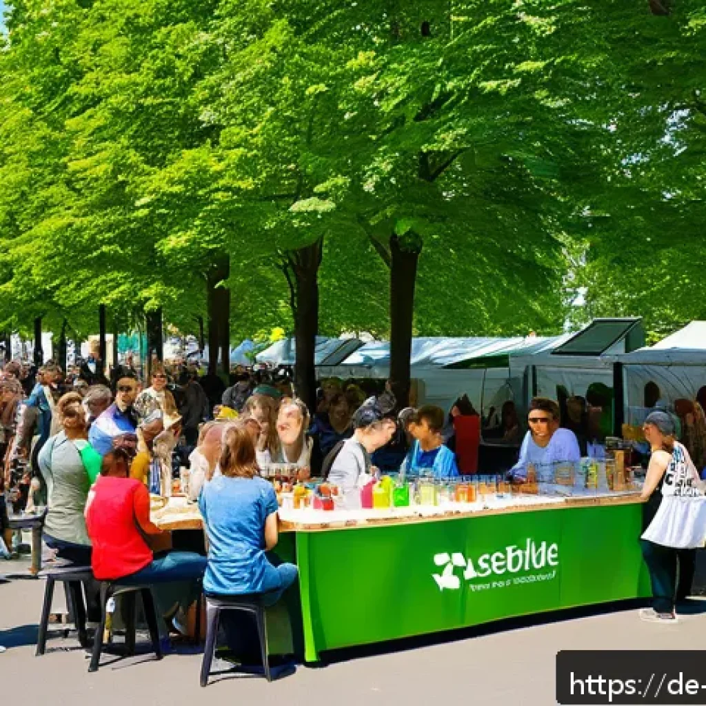 레저산업 실무 프로젝트 사례 - A vibrant outdoor scene at the Green Festival Berlin showcasing a zero-waste concept: diverse enviro...