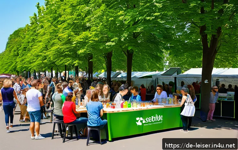 레저산업 실무 프로젝트 사례 - A vibrant outdoor scene at the Green Festival Berlin showcasing a zero-waste concept: diverse enviro...