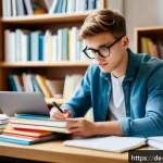 Home 17 레저산업기사 자격증 합격을 위한 학습법 - A focused young adult student sitting at a modern desk in a bright, cozy room, surrounded by study m...