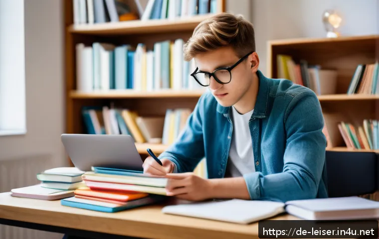 레저산업기사 자격증 합격을 위한 학습법 - A focused young adult student sitting at a modern desk in a bright, cozy room, surrounded by study m...